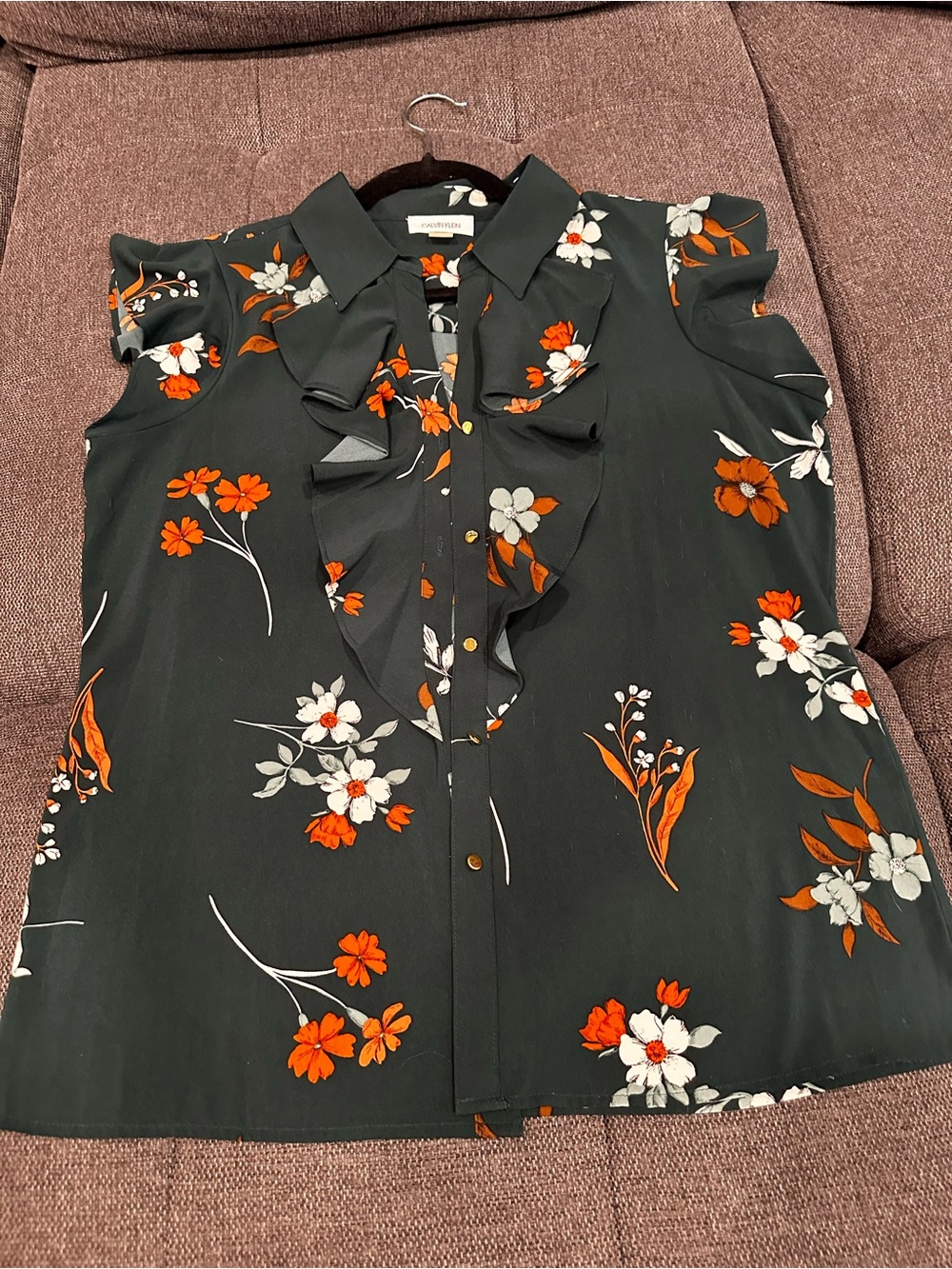 Calvin Klein Dark Green Floral Ruffle-Sleeve Blouse Size Medium